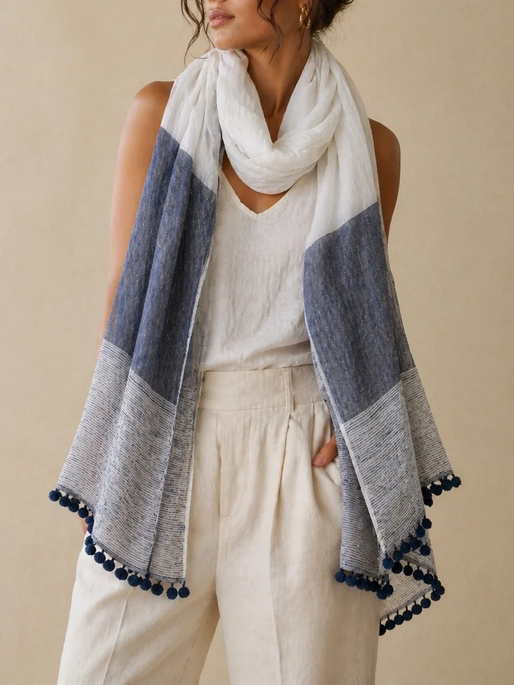 Oversized Linen Pom Pom Tassel Scarf Blue White Colorblock Shawl Wrap Coastal